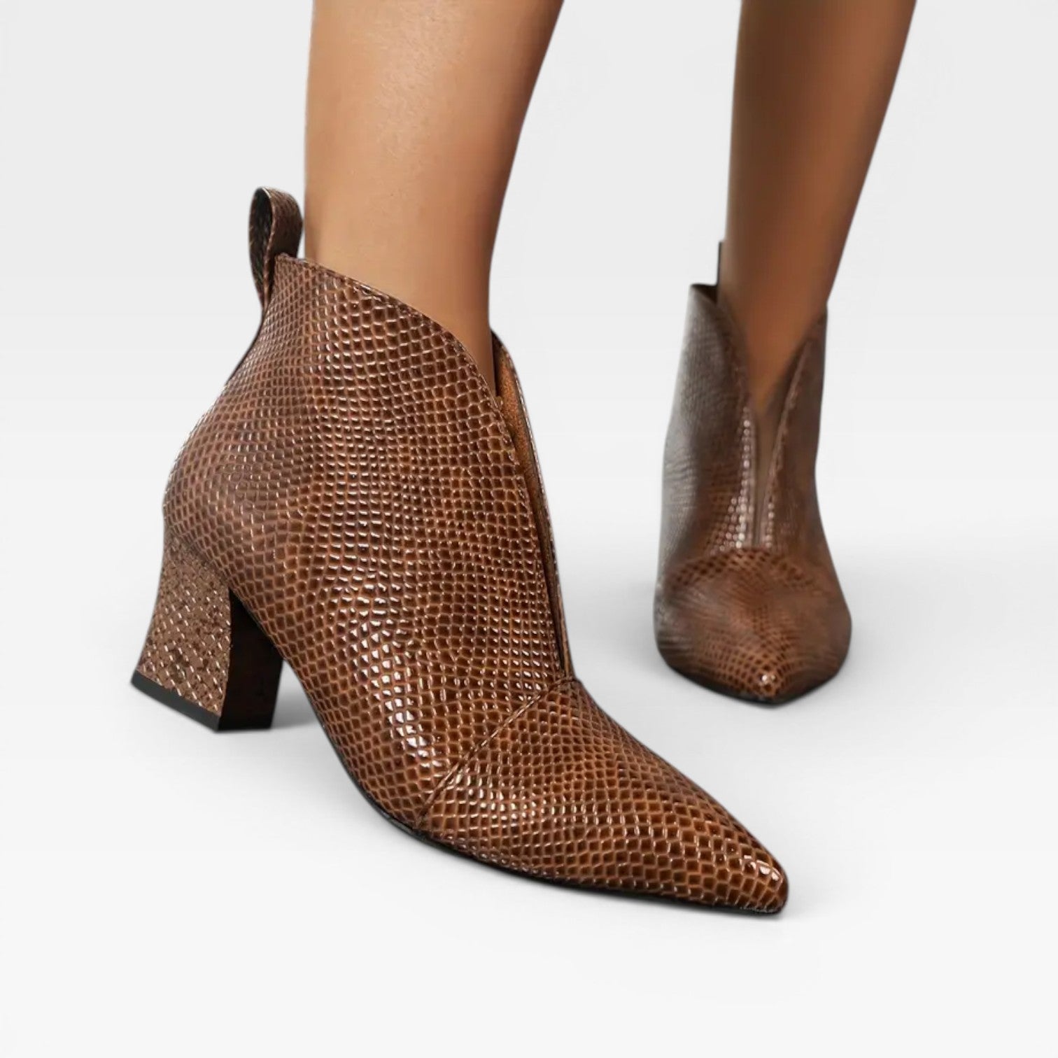 Croc Effect Ankle Boots, Pointed Toe Heeled Booties