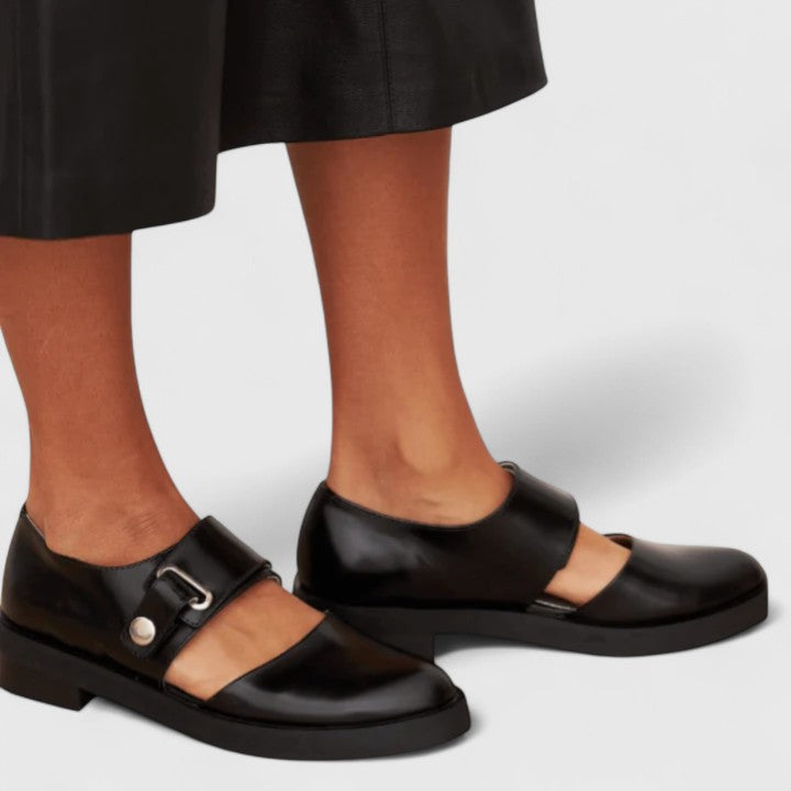 Leather Mary Jane Flats, Buckle Strap Low Block Heel