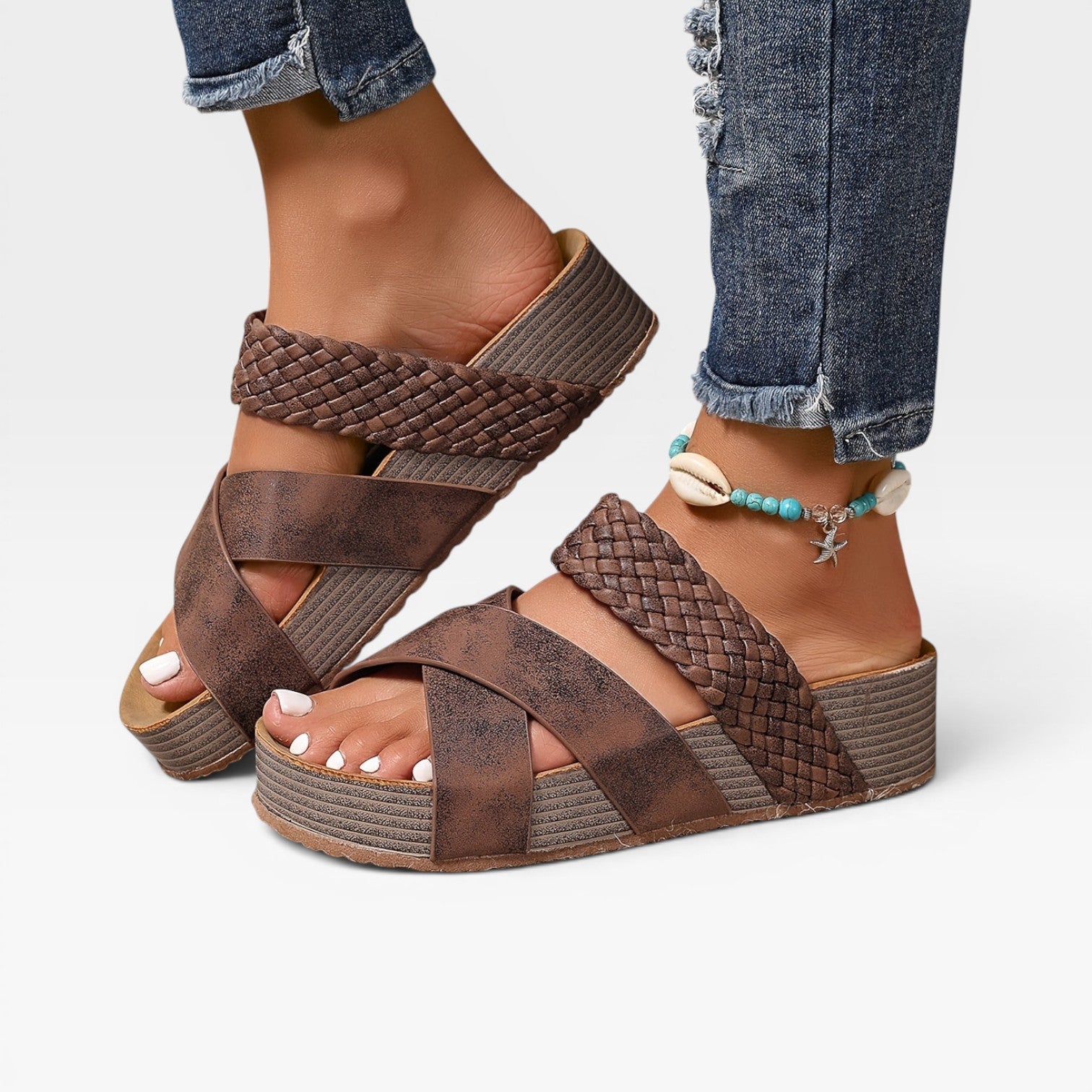 Woven Cross Strap Wedge Sandals, Leather Open Toe Mules