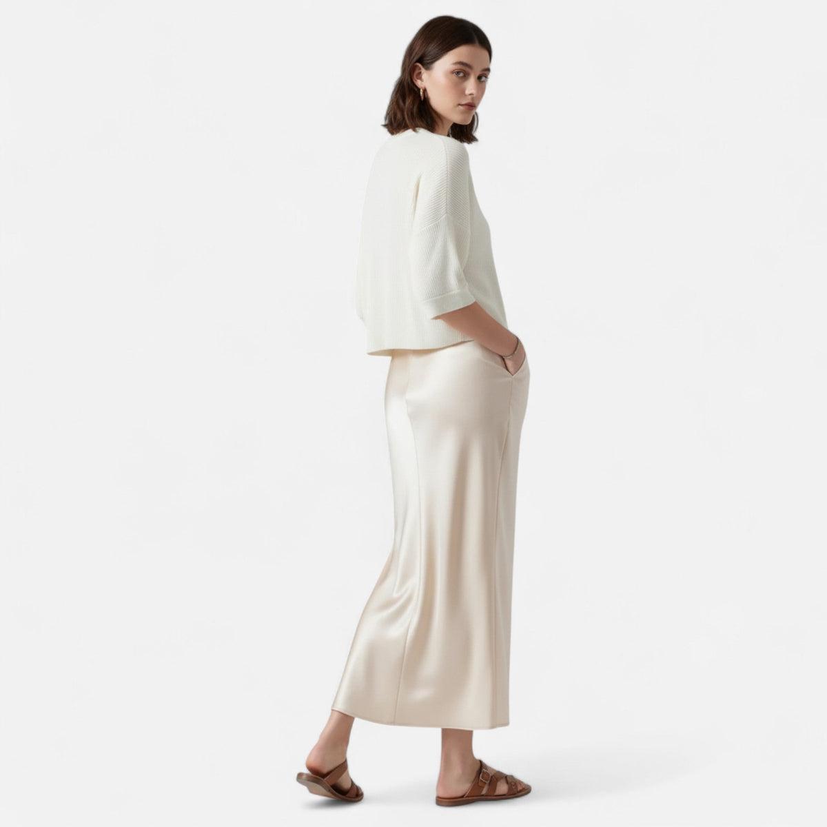 Pure Silk Midi Skirt, Fluid Drape with Natural Sheen