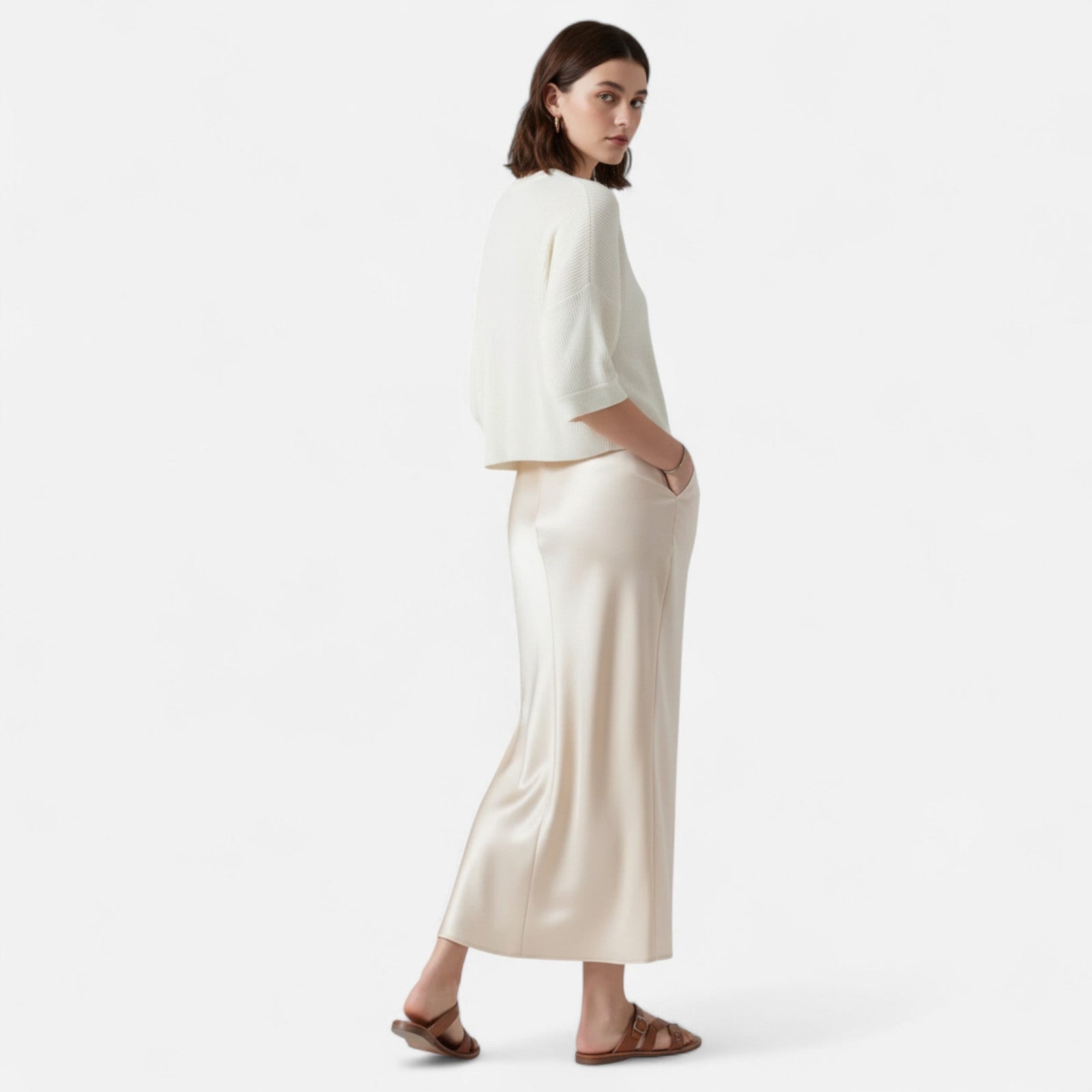 Pure Silk Midi Skirt, Fluid Drape with Natural Sheen