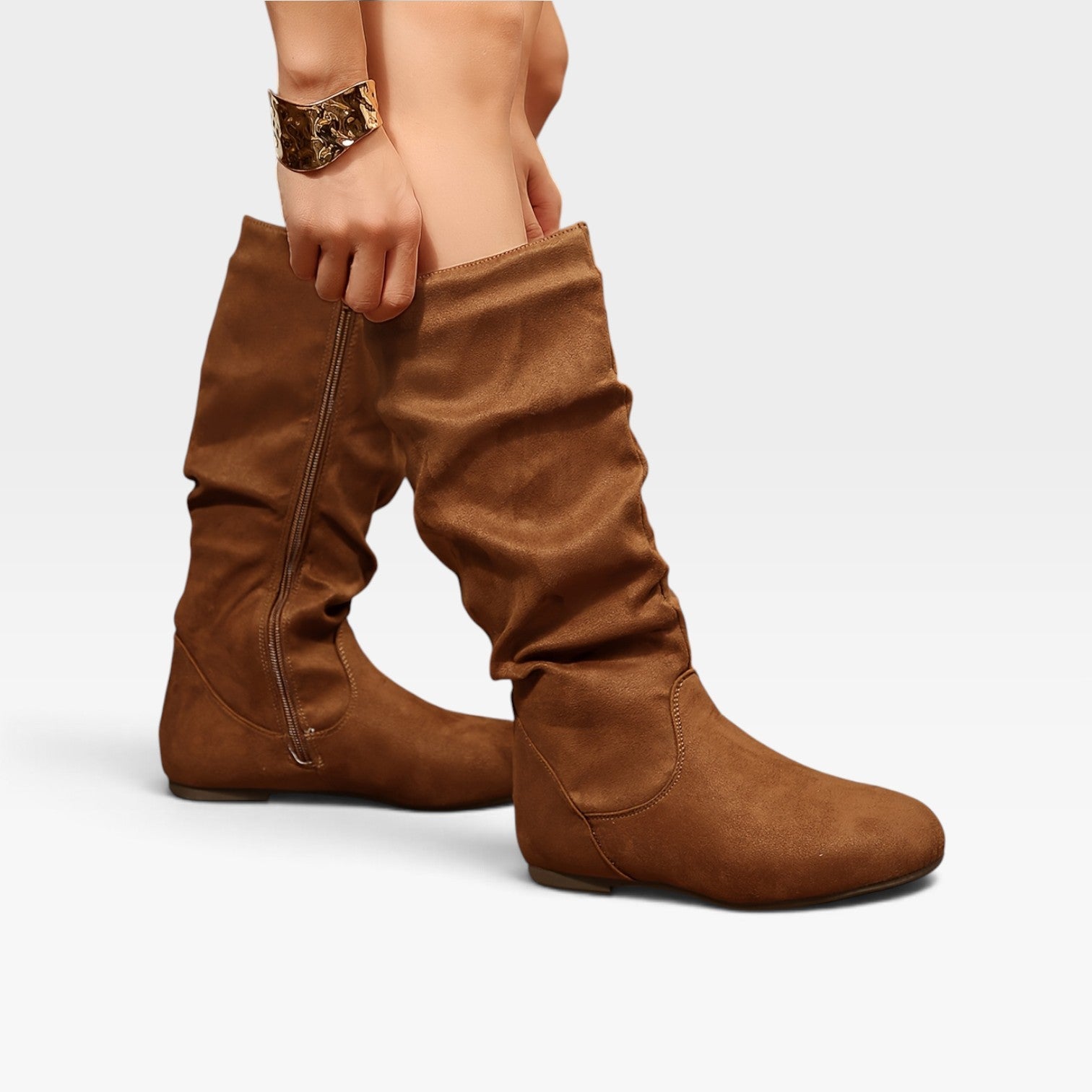 Mid Calf Slouch Boots, Hidden Wedge Sole and Side Zip