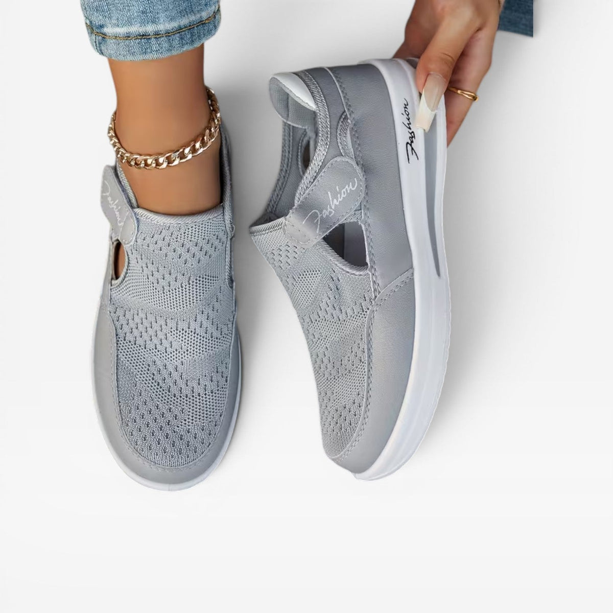 Velcro Strap Platform Trainers, Cutout Mesh Walk Shoes