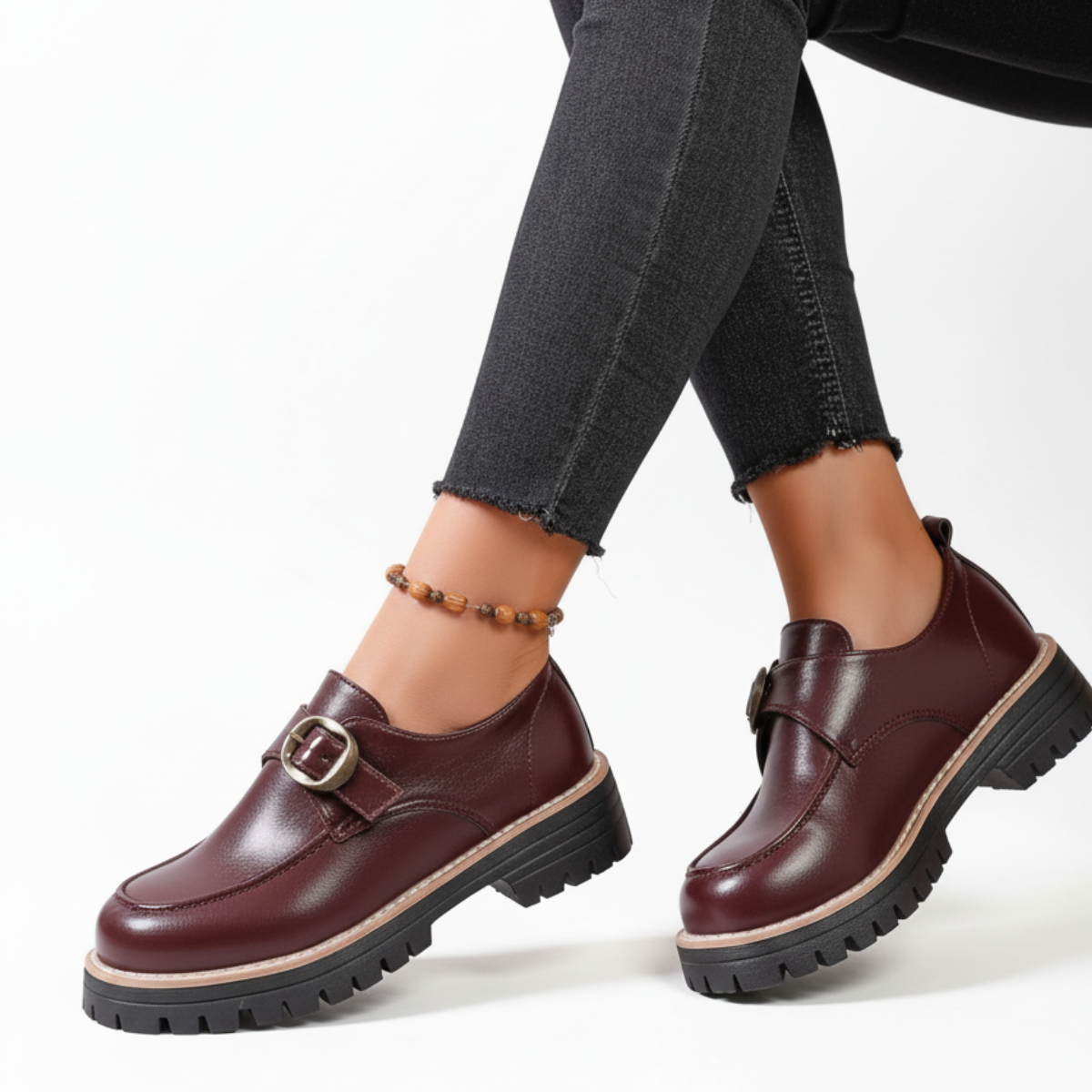Monk Strap Leather Loafers, Chunky Lugged Buckle Shoes