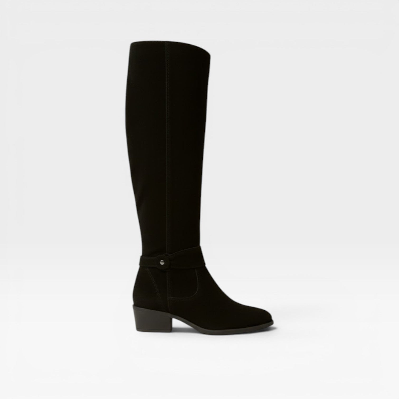 Slouchy Suede Knee High Boots, Buckle Low Block Heel
