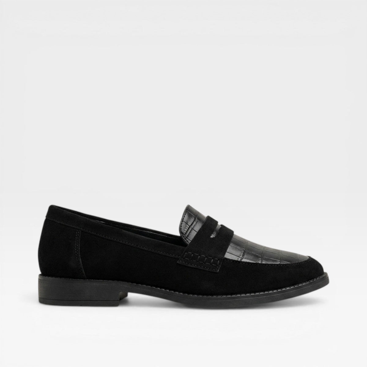 Croc Print Loafers, Black Textured Flat Slip-On Shoe