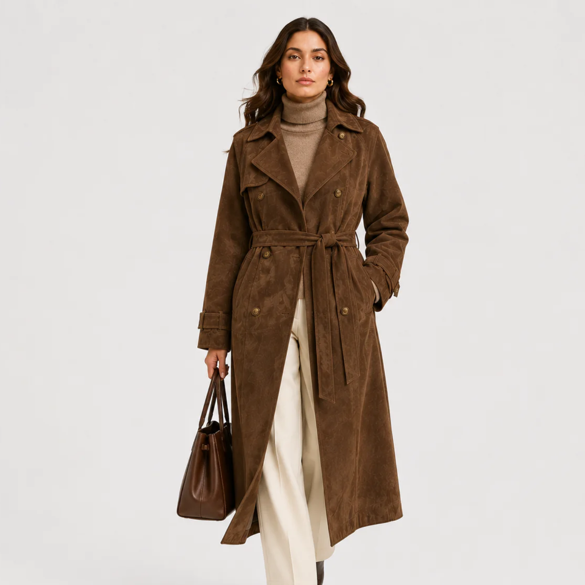 Belted Suede Coat, Double Breasted Long Brown Coat