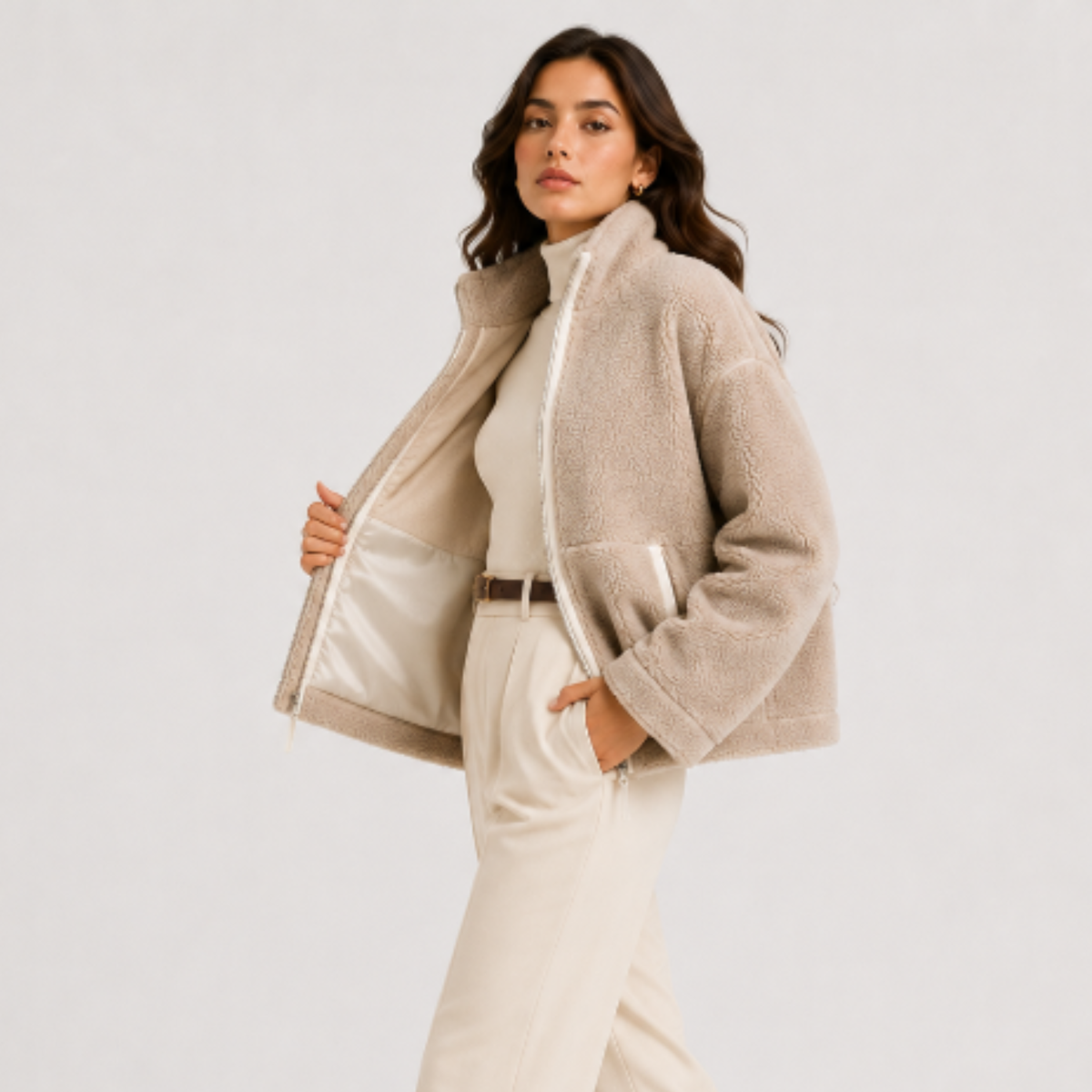 Full Zip Plush Fleece Jacket, Stand Collar and Pockets