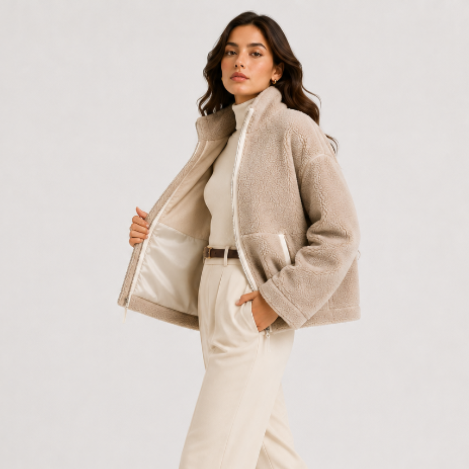Full Zip Plush Fleece Jacket, Stand Collar and Pockets