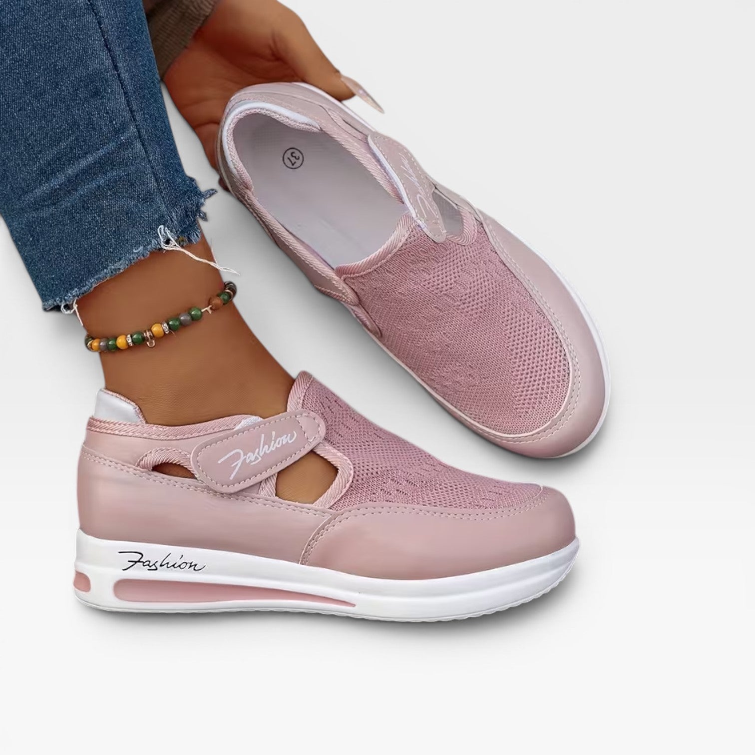 Velcro Strap Platform Trainers, Cutout Mesh Walk Shoes