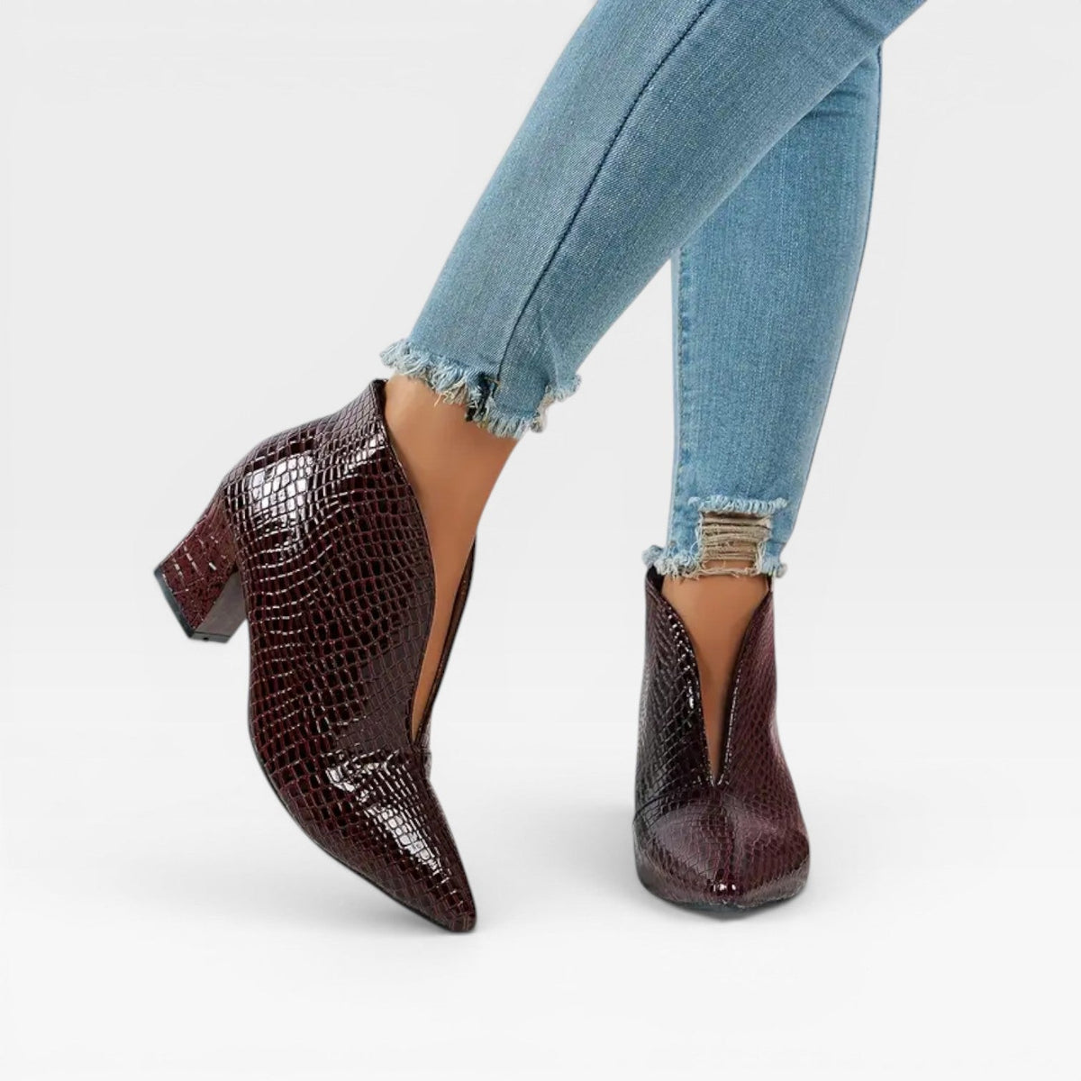Croc Effect Ankle Boots, Pointed Toe Heeled Booties