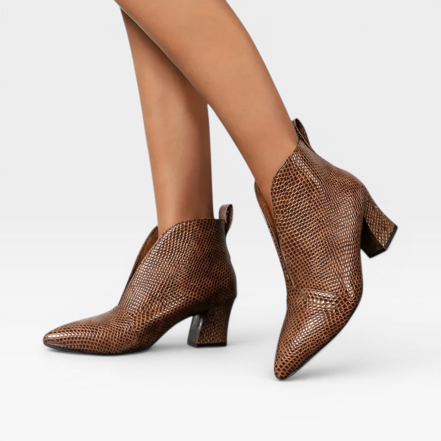 Croc Effect Ankle Boots, Pointed Toe Heeled Booties