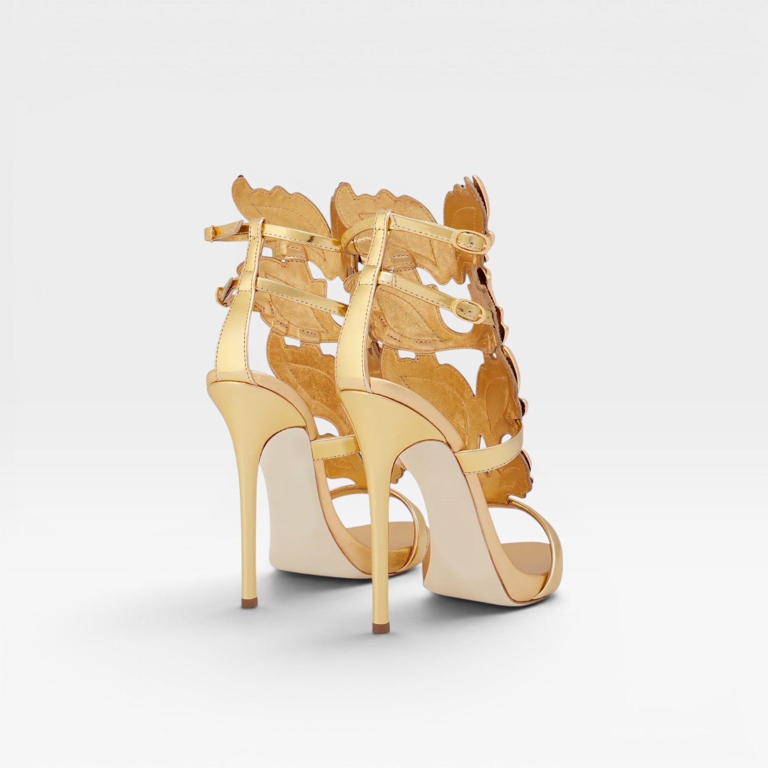 Sculptural Gold Strappy Sandals, Tall Stiletto Heels