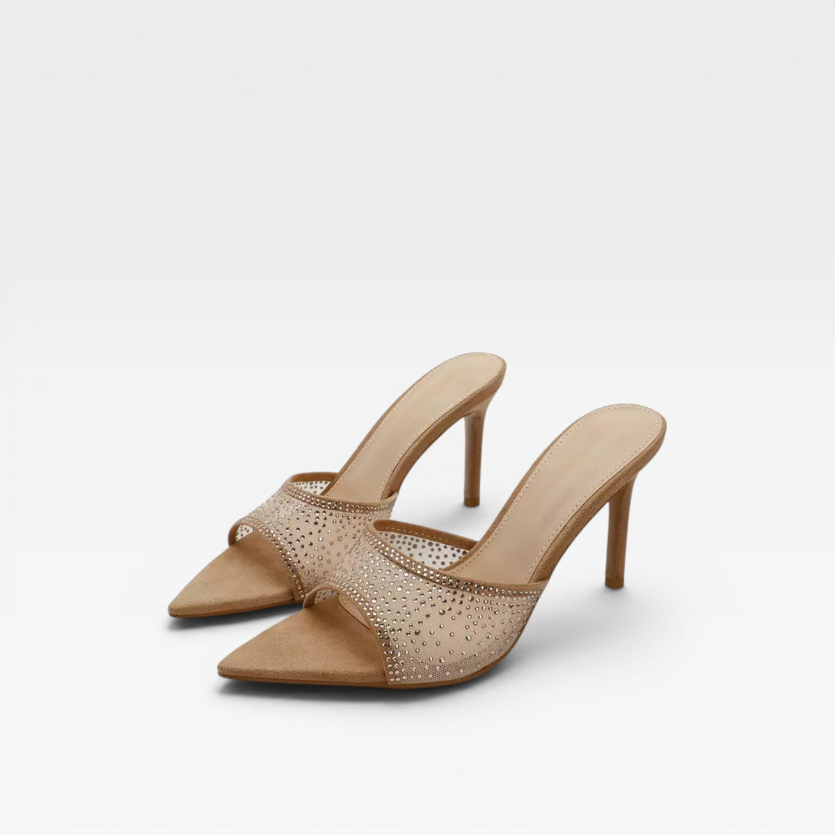 Crystal Suede Mule Heels, Pointed Toe Slim Stiletto