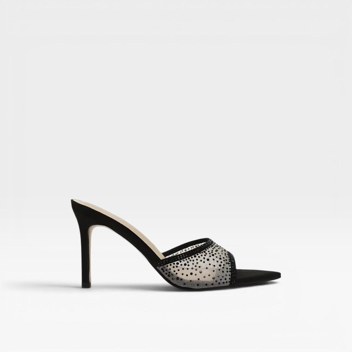 Crystal Suede Mule Heels, Pointed Toe Slim Stiletto