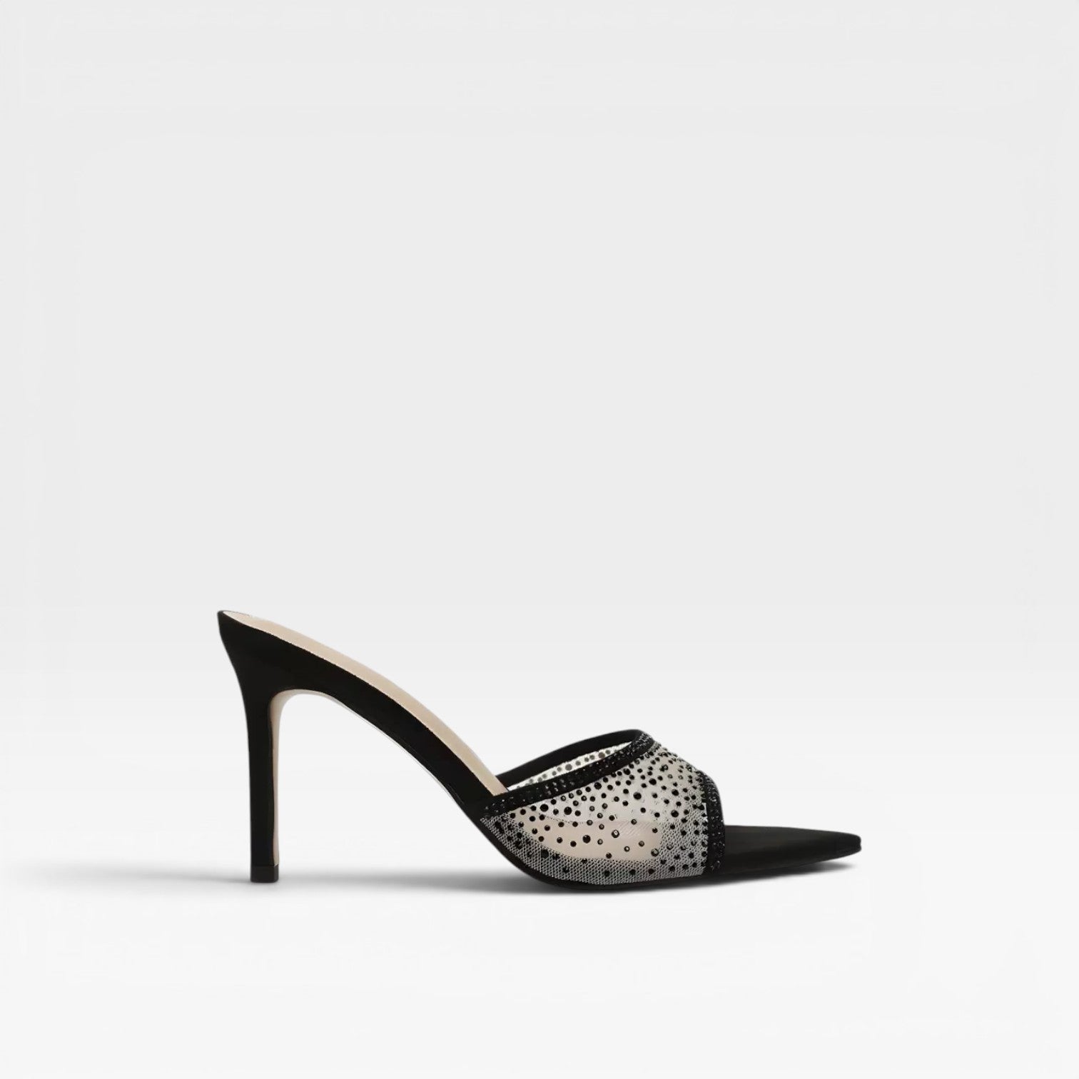 Crystal Suede Mule Heels, Pointed Toe Slim Stiletto