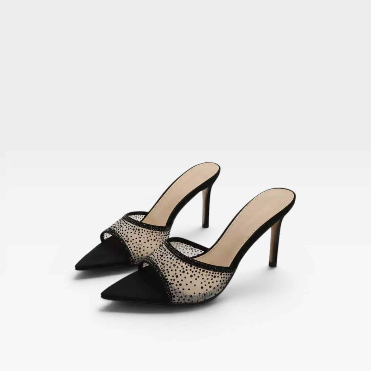 Crystal Suede Mule Heels, Pointed Toe Slim Stiletto