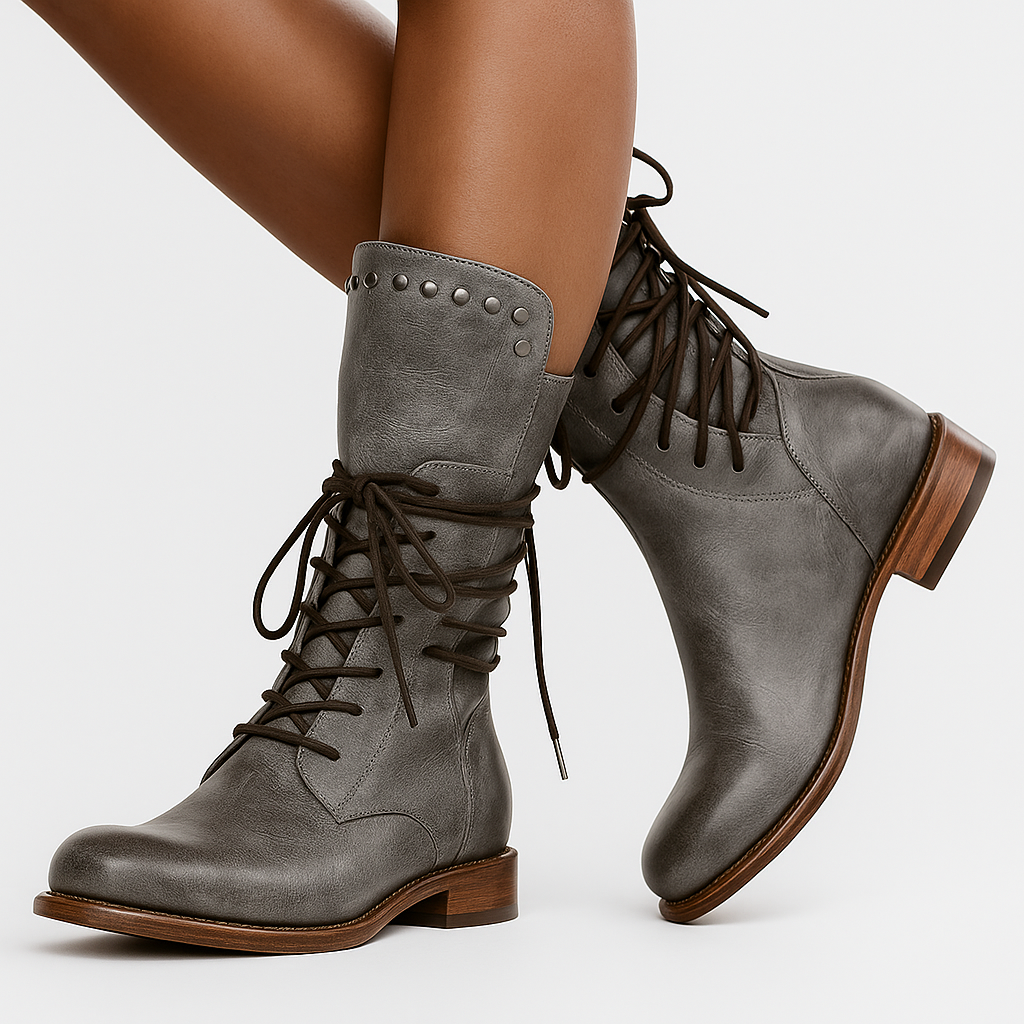 Studded Lace-Up Mid Calf Boots, Low Block Heel Leather