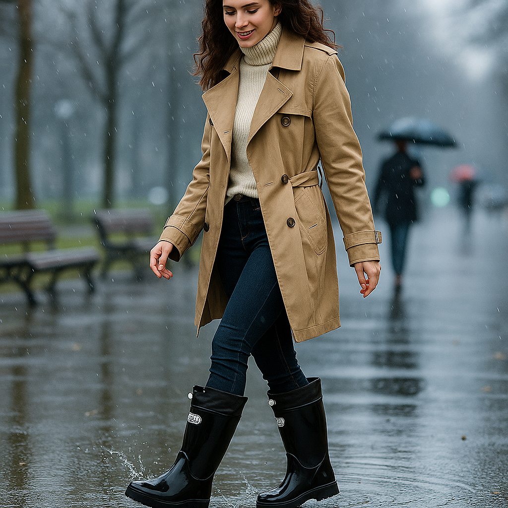 Tall Rain Boots, Glossy Waterproof Rubber Drawstring