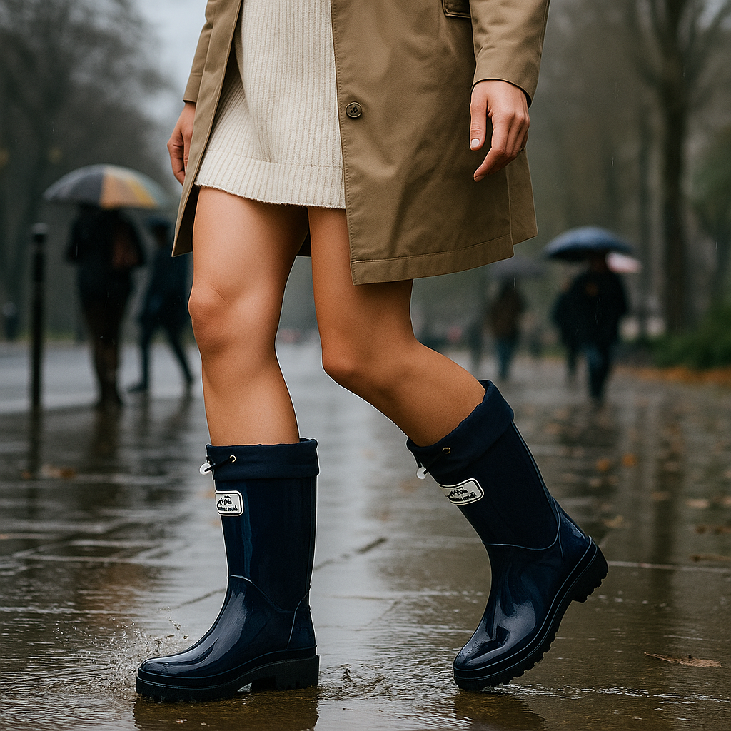 Tall Rain Boots, Glossy Waterproof Rubber Drawstring