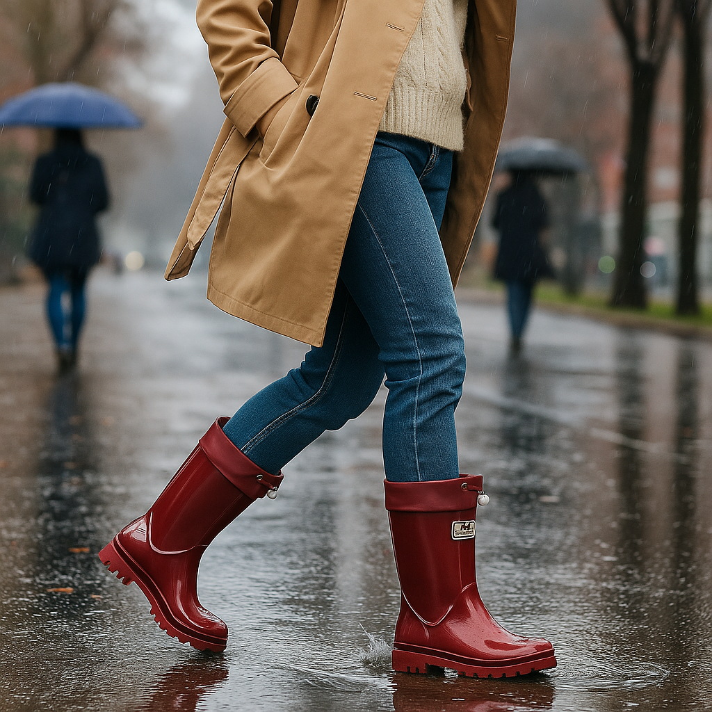 Tall Rain Boots, Glossy Waterproof Rubber Drawstring