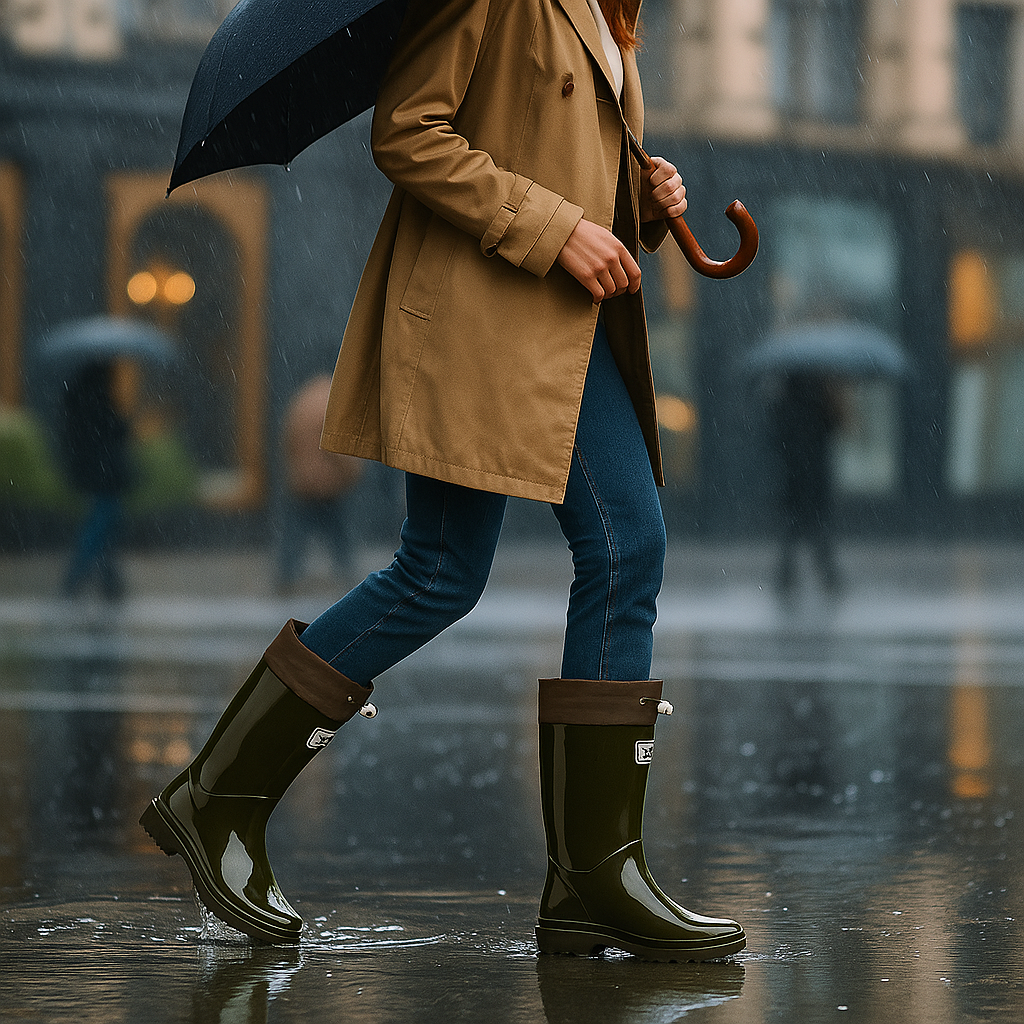 Tall Rain Boots, Glossy Waterproof Rubber Drawstring