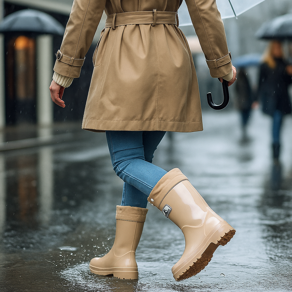 Tall Rain Boots, Glossy Waterproof Rubber Drawstring