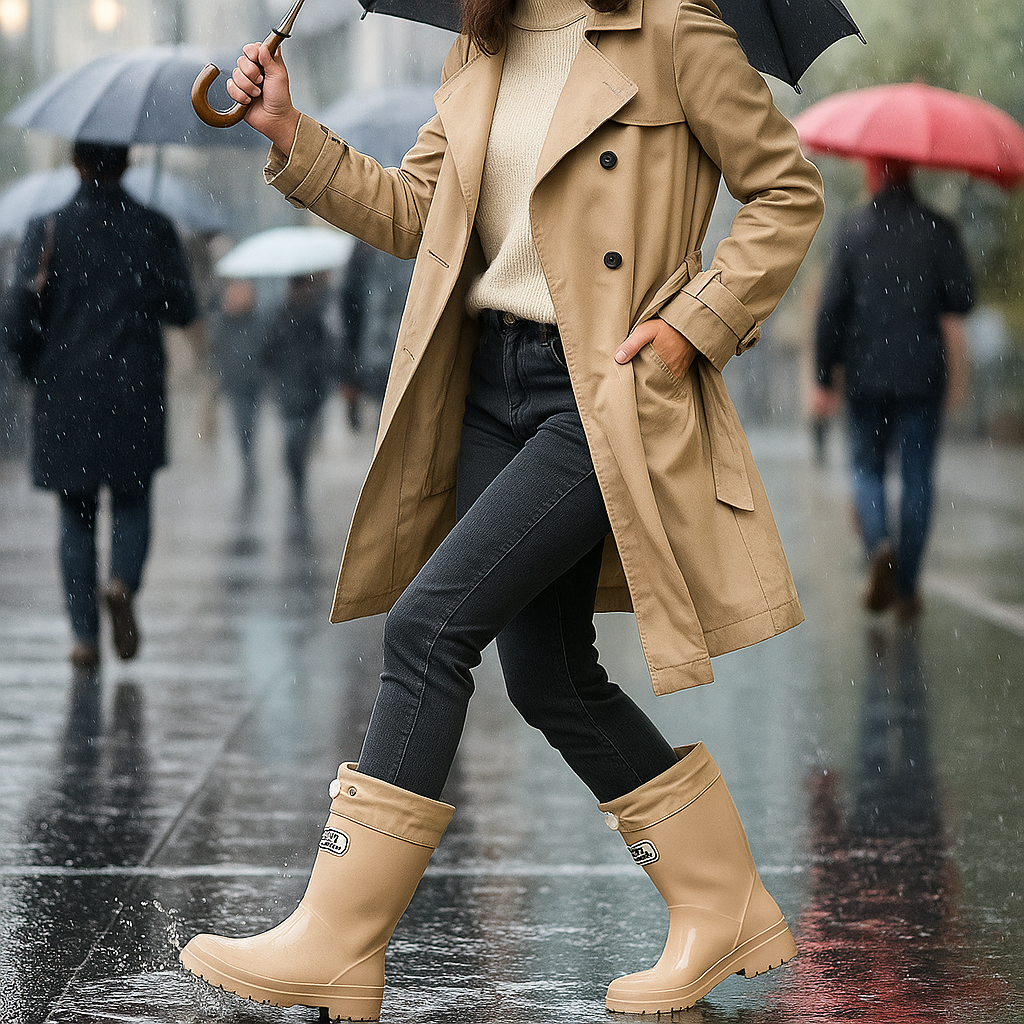Tall Rain Boots, Glossy Waterproof Rubber Drawstring