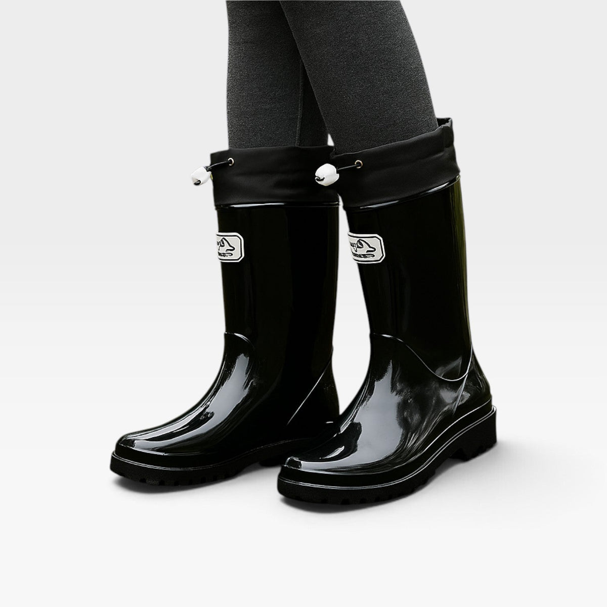Tall Rain Boots, Glossy Waterproof Rubber Drawstring