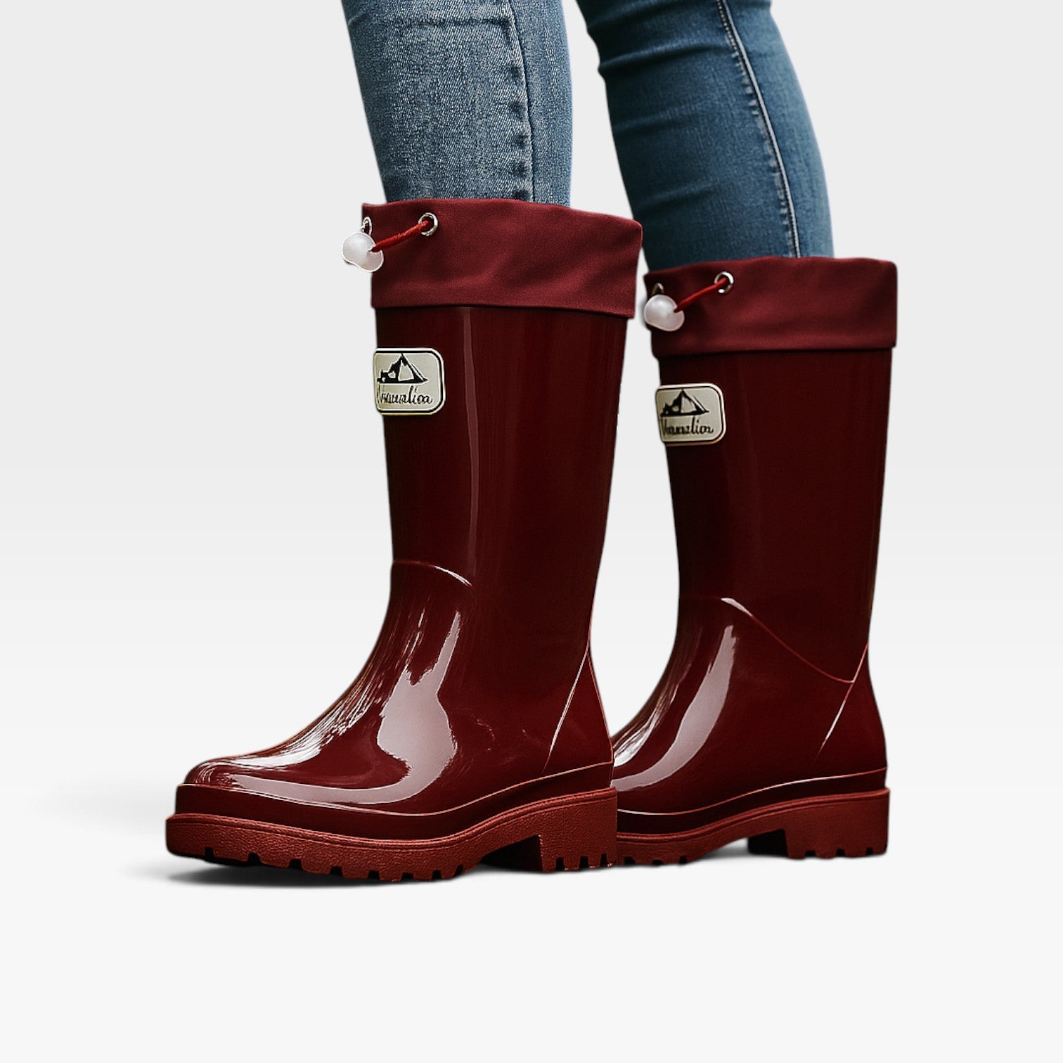 Tall Rain Boots, Glossy Waterproof Rubber Drawstring