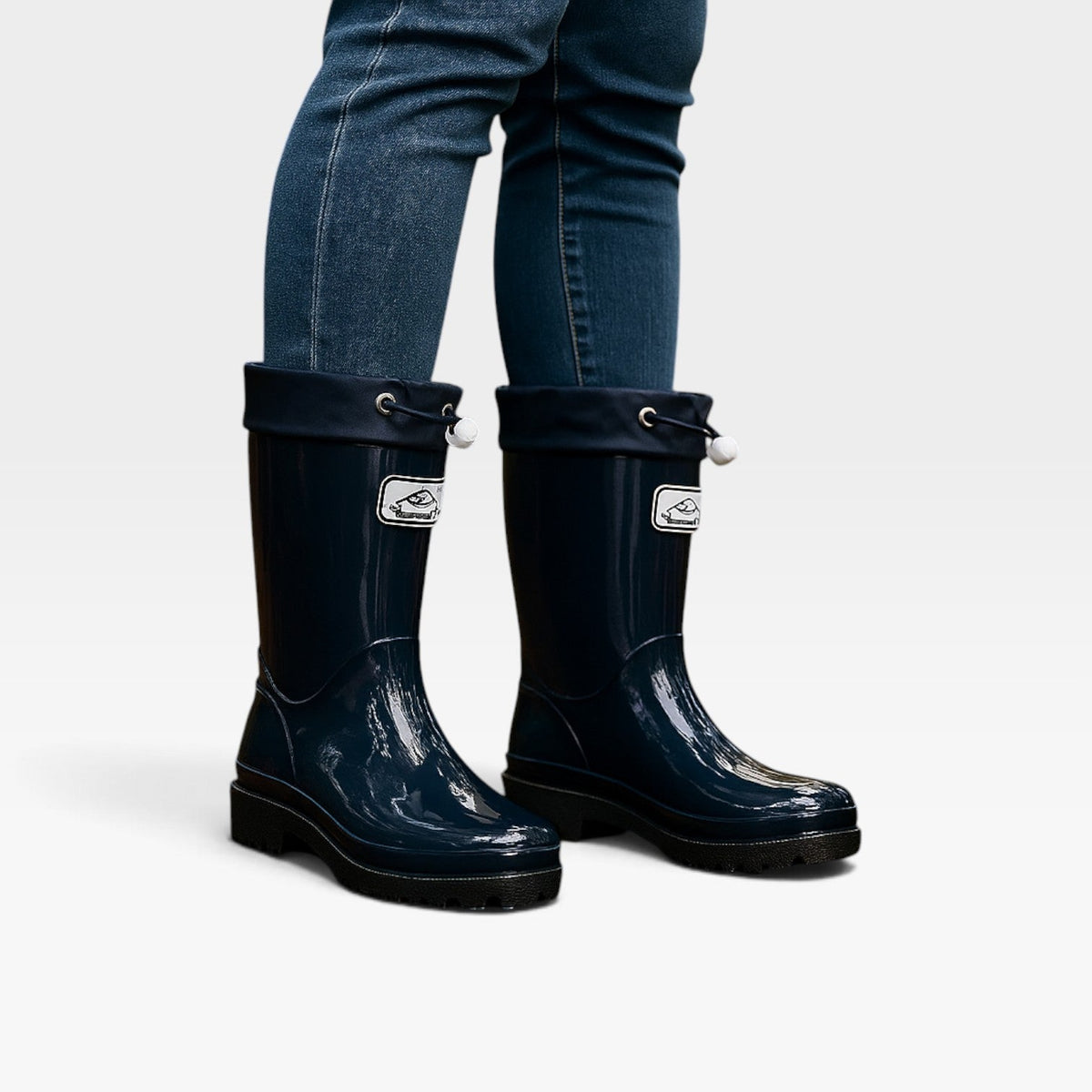 Tall Rain Boots, Glossy Waterproof Rubber Drawstring