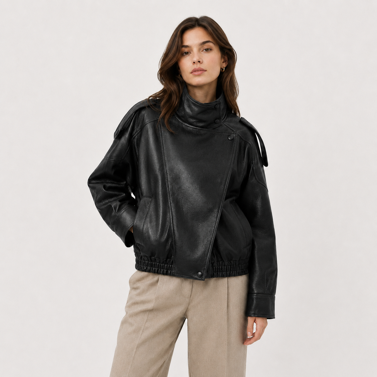 Asymmetric Faux Leather Jacket, Relaxed Loose Fit Coat