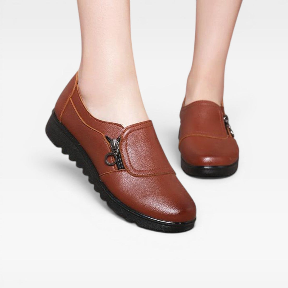 Leather Loafers with Side Zip, Cushioned Slip On Sole