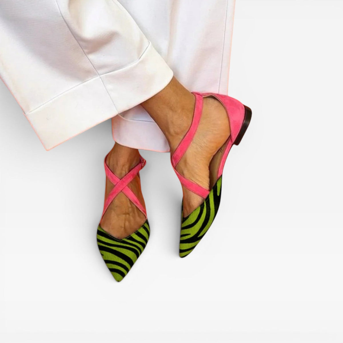 Zebra Print Ballet Flats, Crisscross Strap Pointed Toe