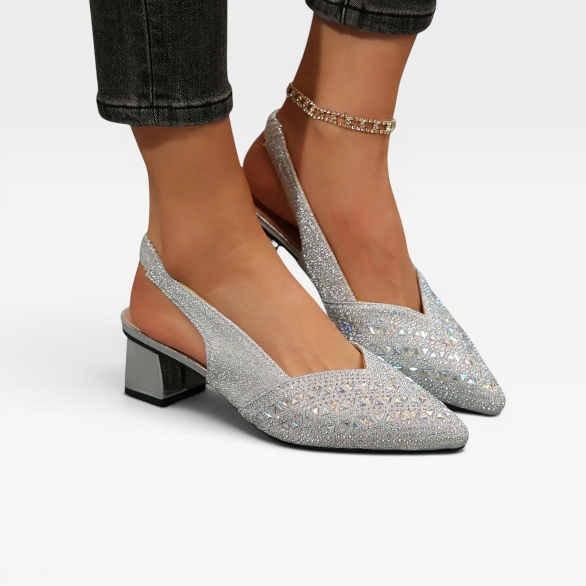 Rhinestone Block Heel Slingbacks, Crystal Wedding Shoe