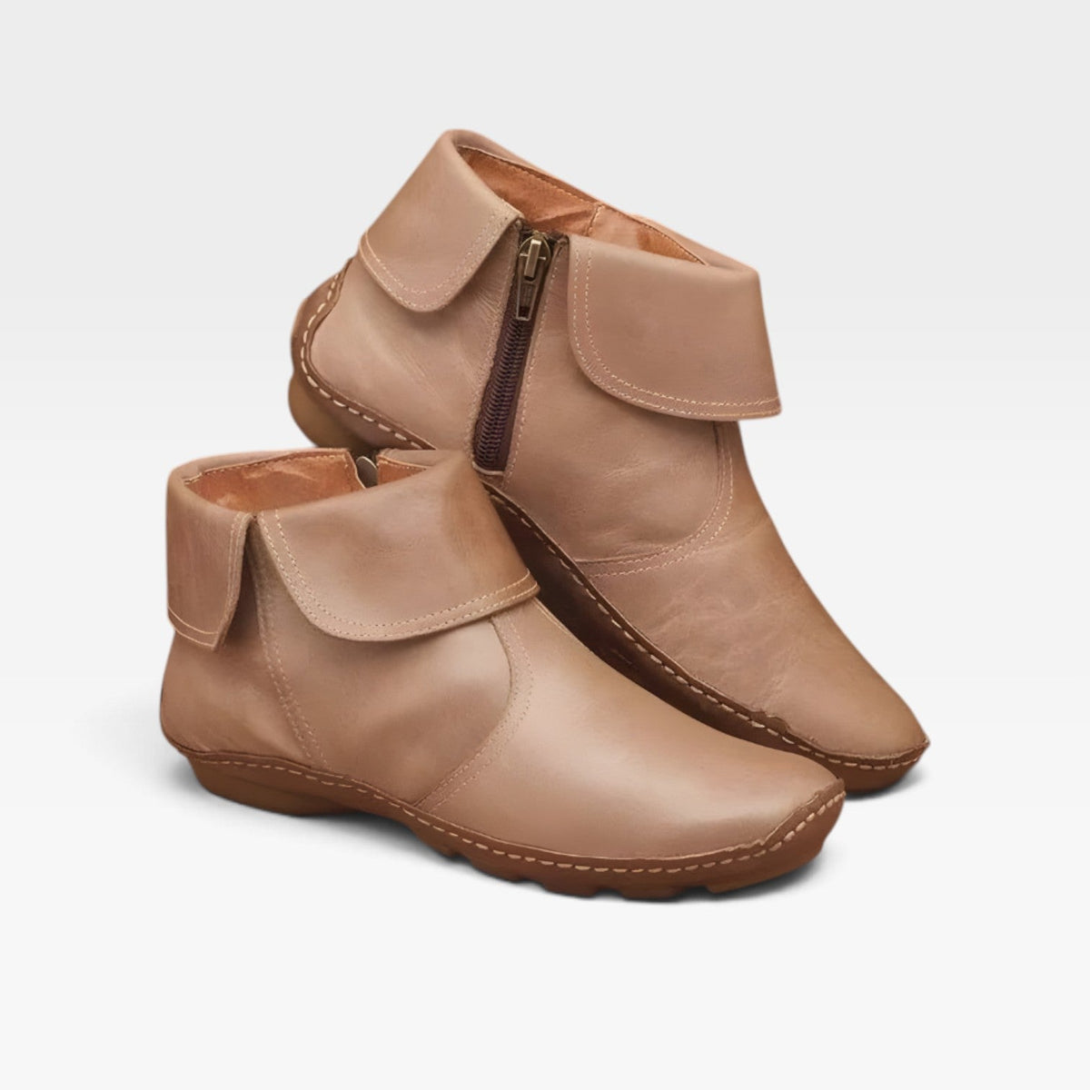 Fold Over Cuff Ankle Boots, Leather Moc Toe Low Wedge