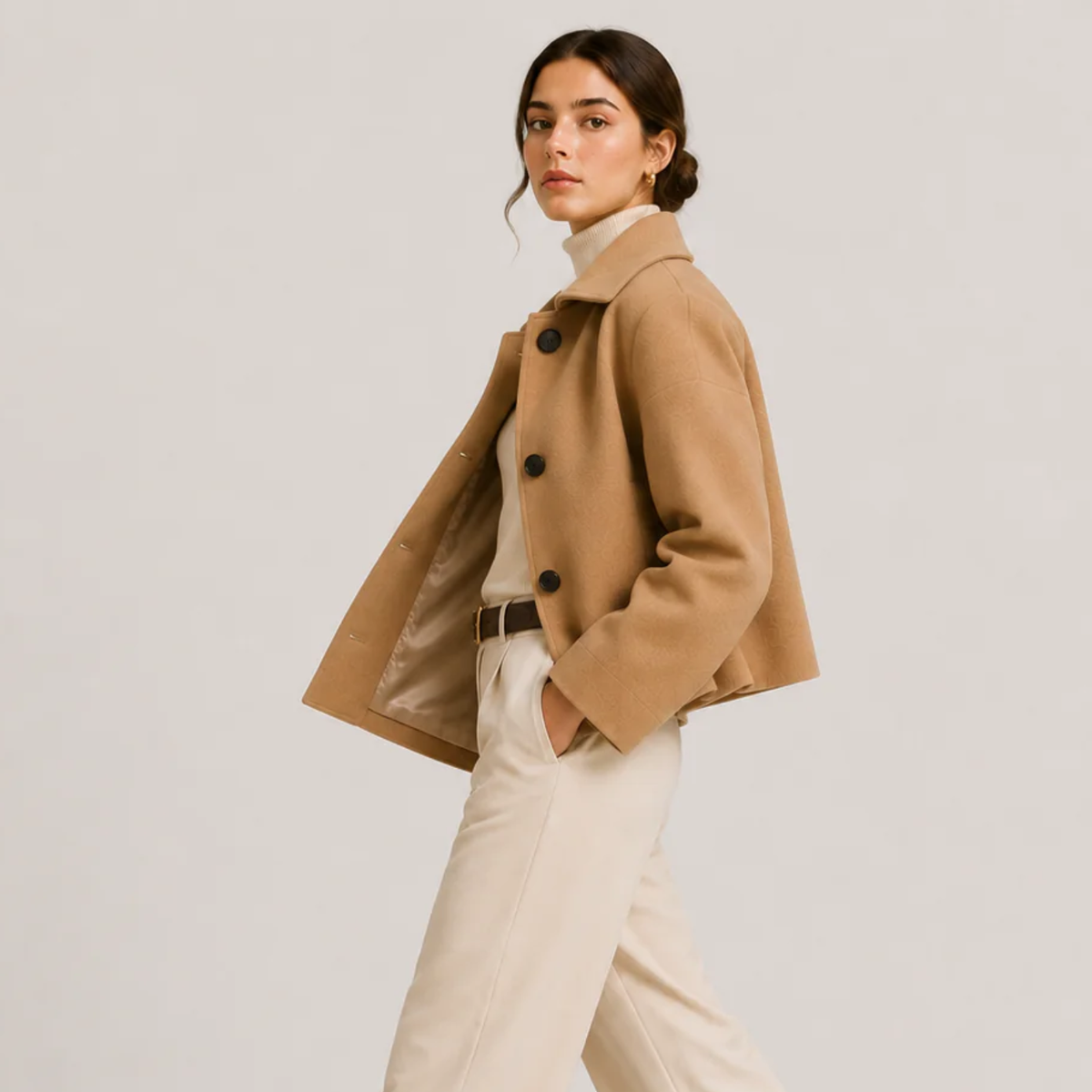 Button Up Jacket, Relaxed Tailored Beige Black Coat