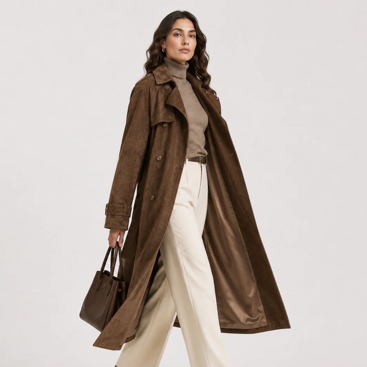 Belted Suede Coat, Double Breasted Long Brown Coat