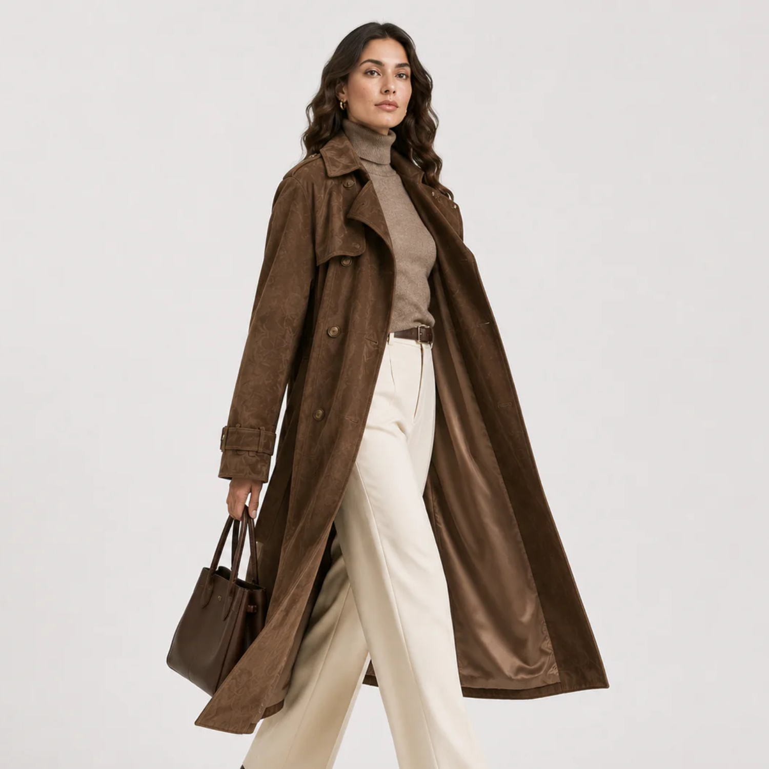 Belted Suede Coat, Double Breasted Long Brown Coat