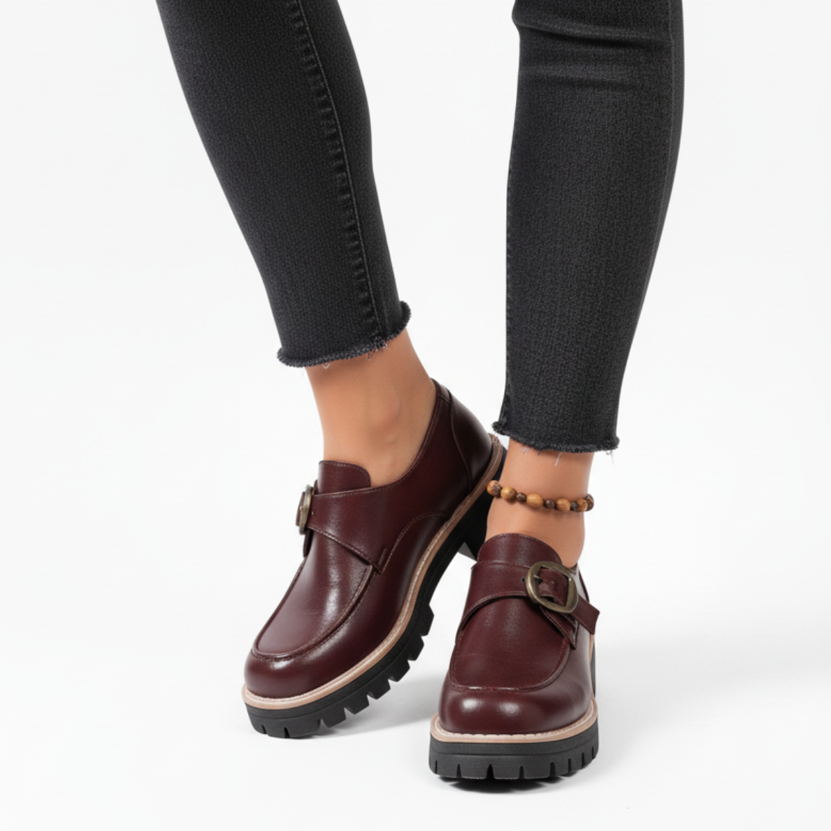 Monk Strap Leather Loafers, Chunky Lugged Buckle Shoes