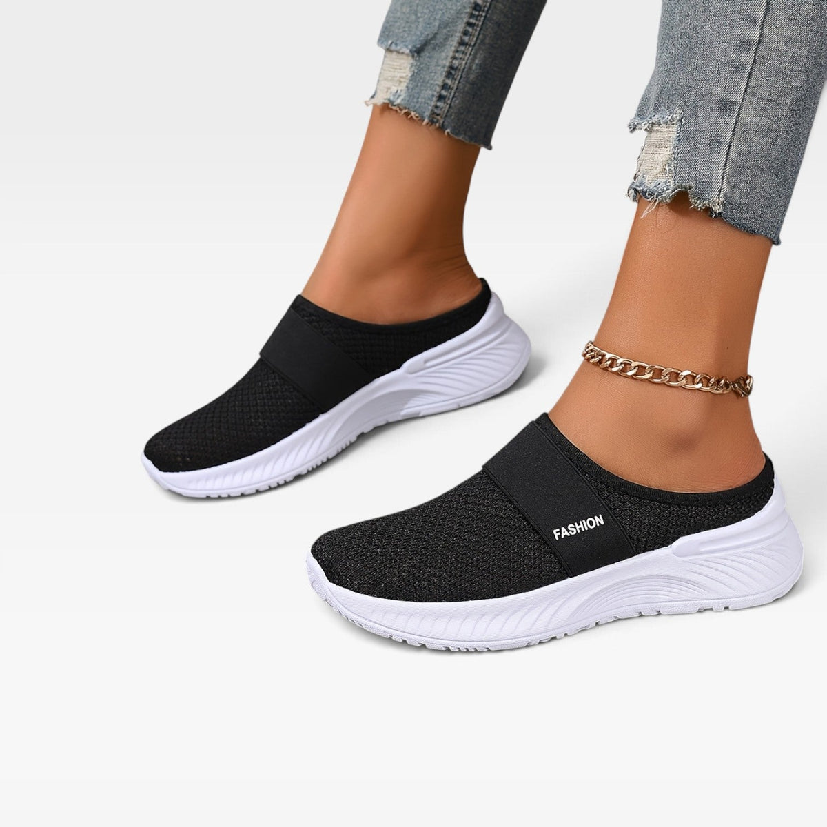 Backless Knit Sneakers, Cushioned Platform Slip On Mule