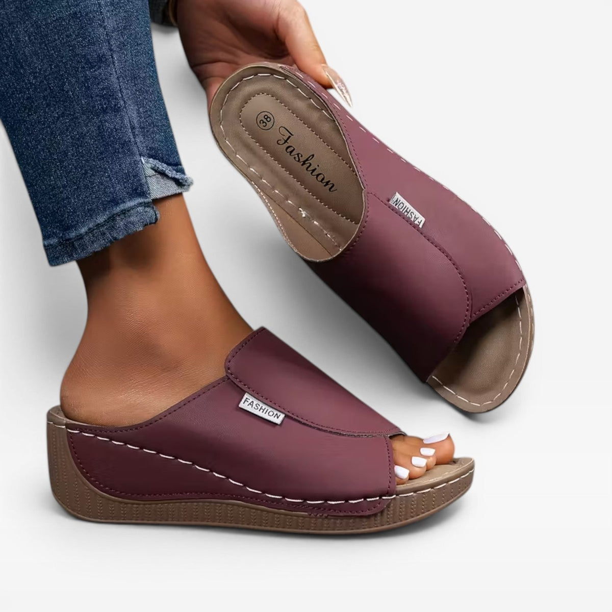 Leather Wedge Slide Sandals, Open Toe Cushioned Footbed