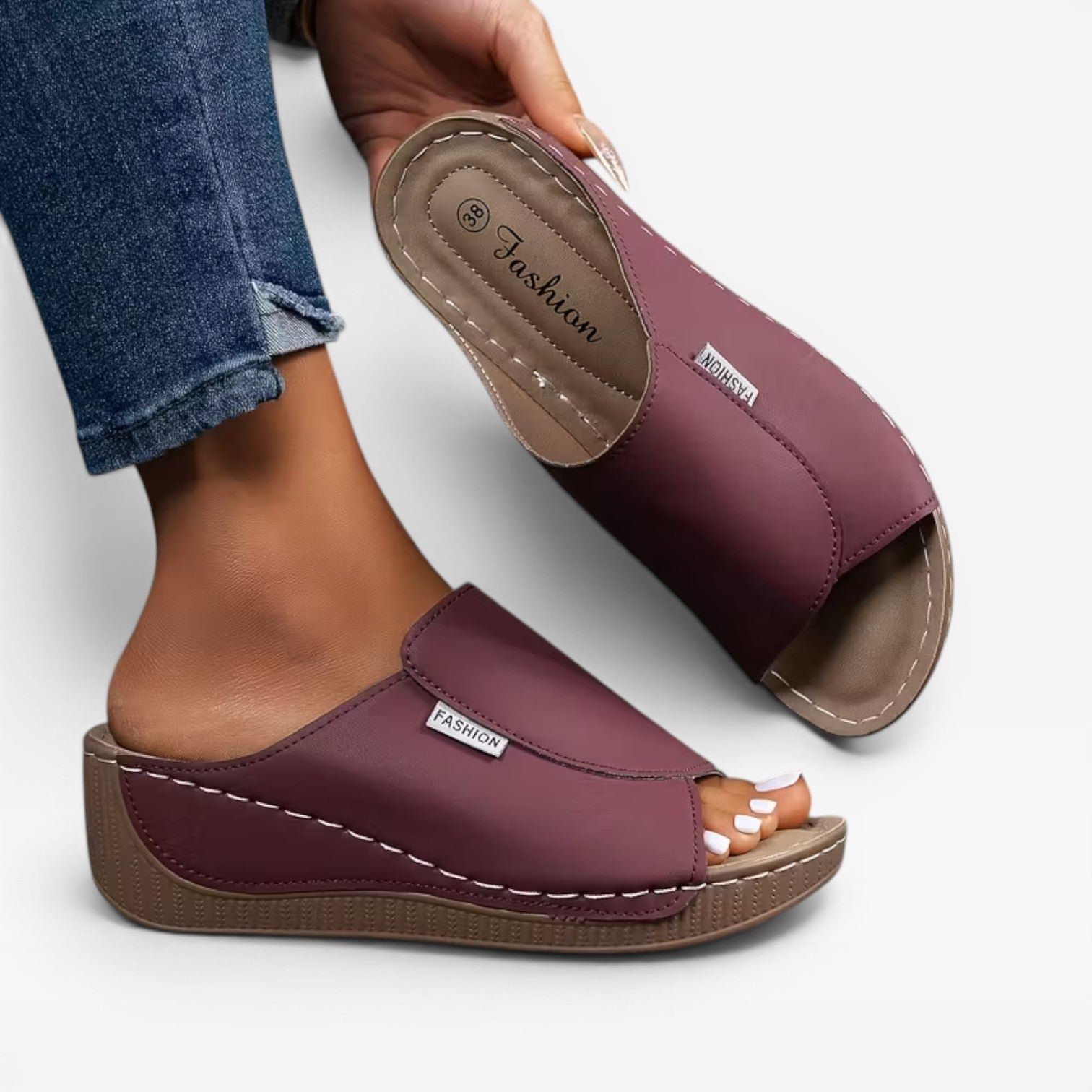 Leather Wedge Slide Sandals, Open Toe Cushioned Footbed