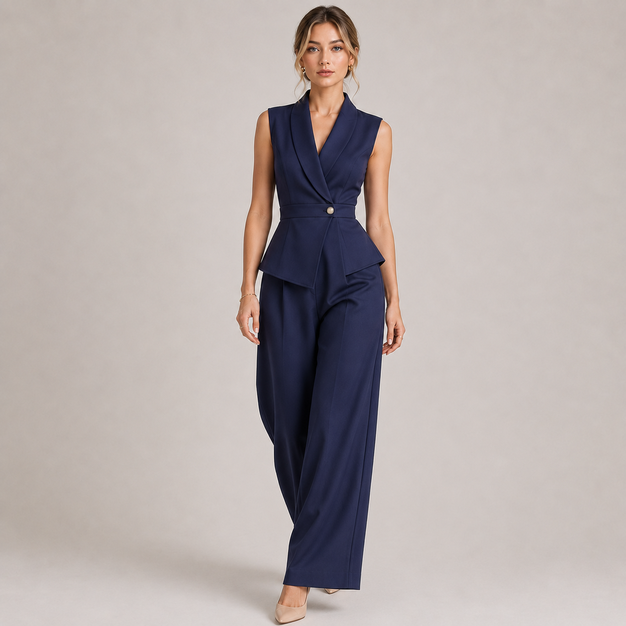 V Neck Two Piece Set, Wide Leg Pants Matching Outfit