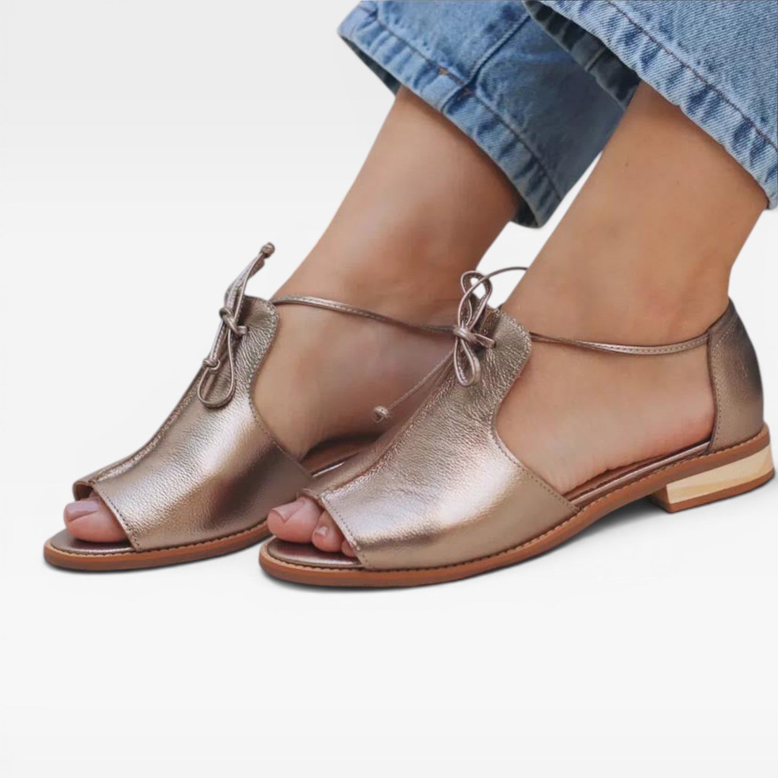 Peep Toe Leather Sandals, Cushioned Arch Support Flats