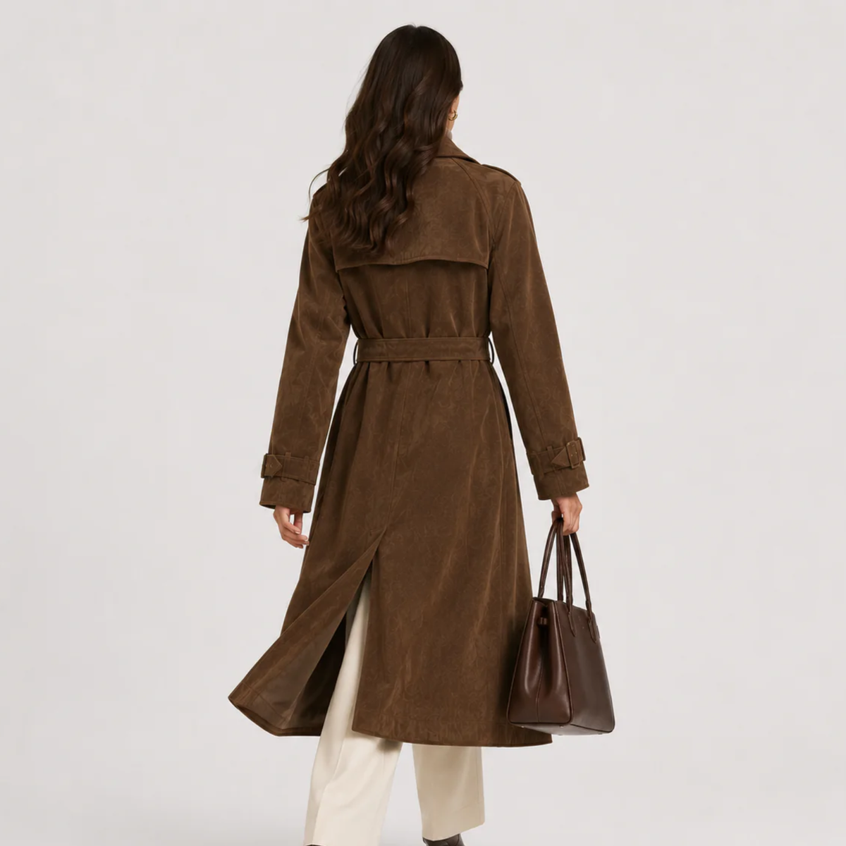 Belted Suede Coat, Double Breasted Long Brown Coat