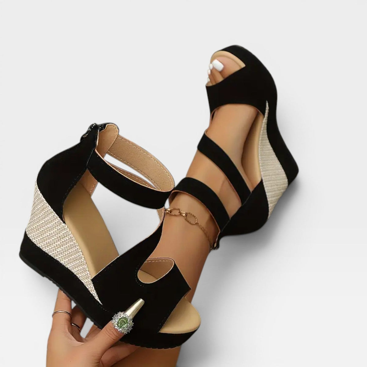 Woven Wedge Sandals, Suede Ankle Strap Back Zip Heel