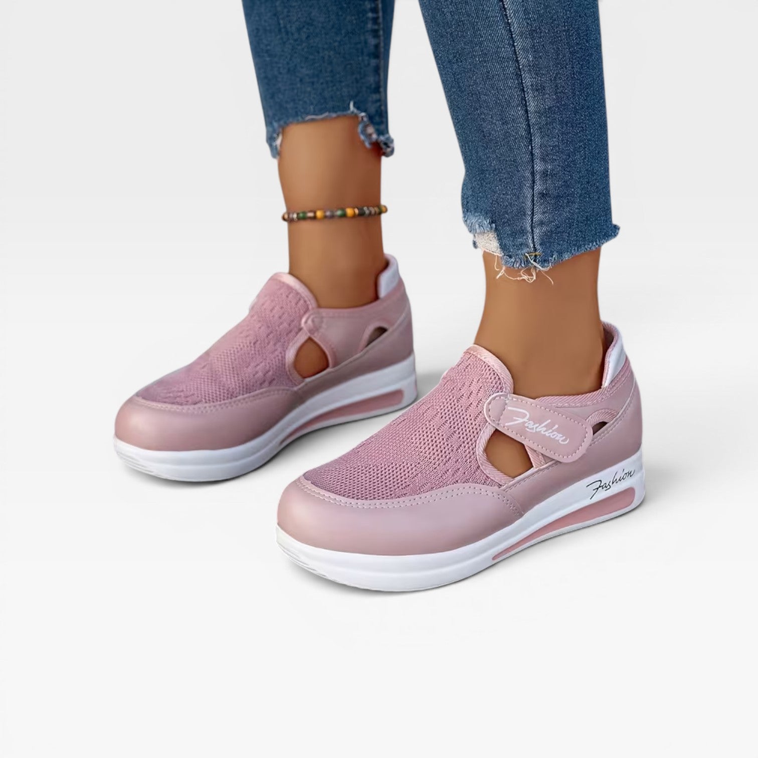 Velcro Strap Platform Trainers, Cutout Mesh Walk Shoes