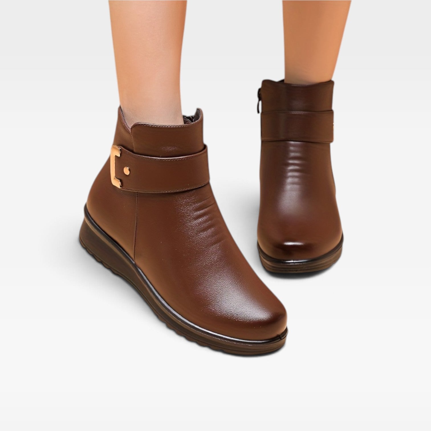 Wedge Ankle Boots, Buckle Strap Side Zip Cushioned Sole