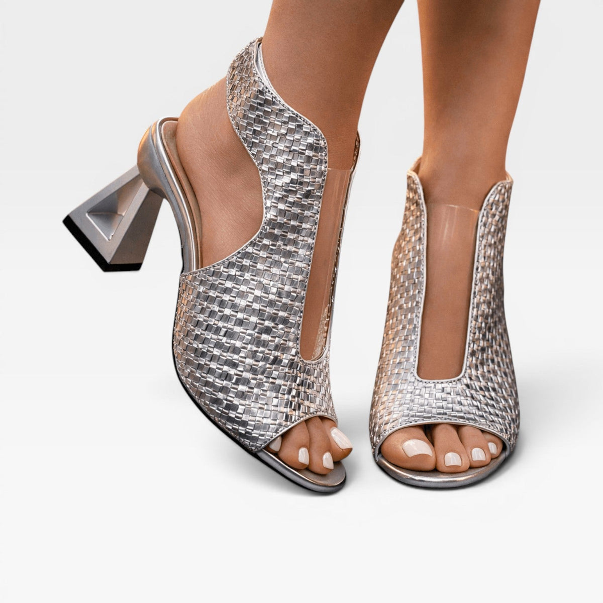 Woven Metallic Sandals, Sculpted Geometric Heel Open Toe
